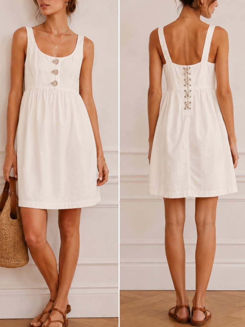 Tibi Ivory Cotton Empire Waist Mini Dress Rope Button Lace-Up Back Pockets